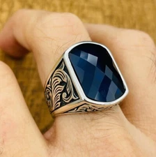 Mens Blue Sapphire 925 Silver Ottoman Gemstone Handmade Turkish Rings MR#407