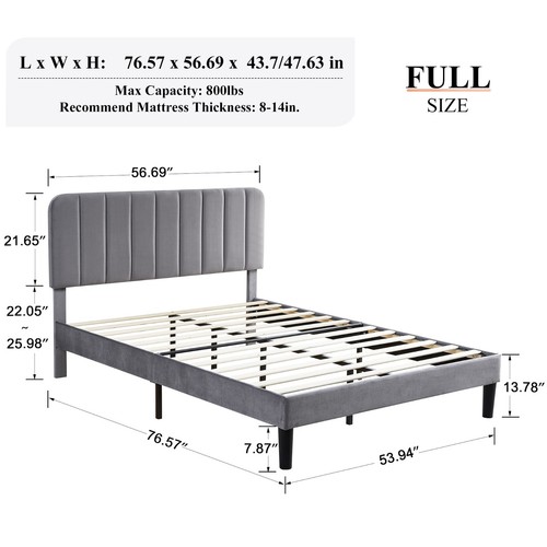 Twin/Full/Queen Bed Frame Velvet Upholstered Platform with Headboard Wooden Slat - Picture 25 of 119