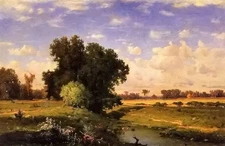 Oil painting george inness - hackensack meadows, sunset with stream no framed @@