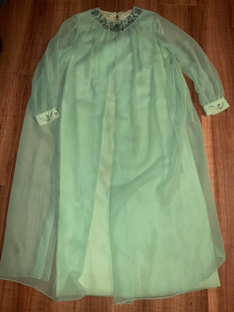 Vintage It's An Elgin Dress Teal Beaded Long 50s 60s Mint Green