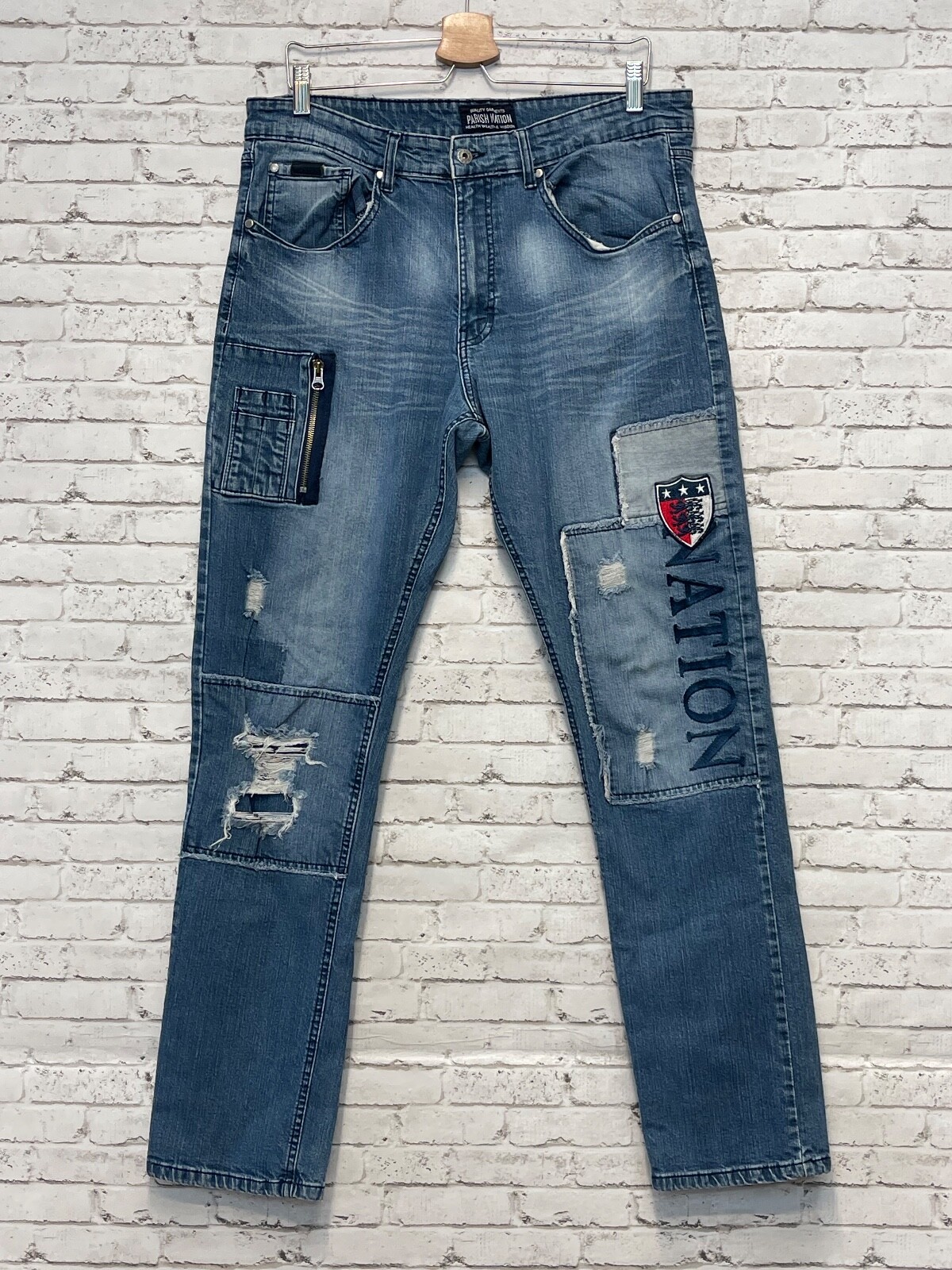 Parish Nation Jeans Men's Size 36 Patchwork Distressed Blue Denim Stretch Logo