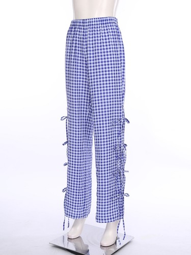 Womens Loungewear Loose Fit Long Pants Tie Trousers Wide Leg Plaid Drawstring - Picture 66 of 75