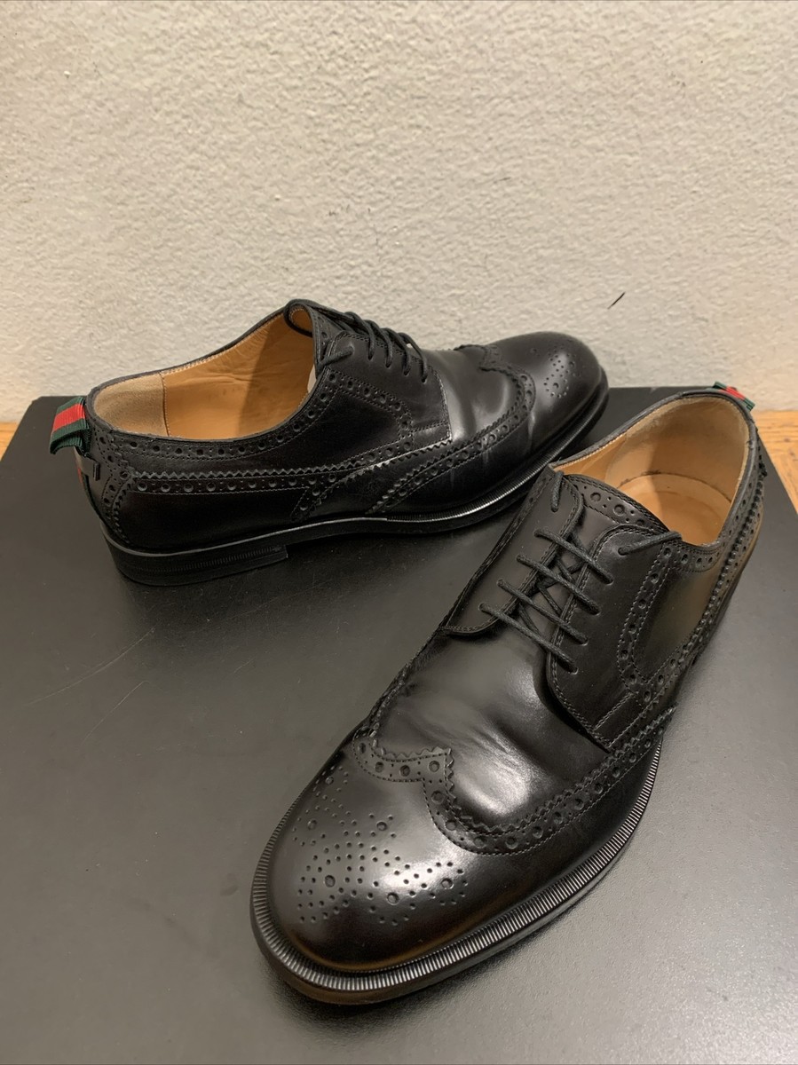 Gucci Signature Stripe Black Wingtip Brogue Oxfords Mens G 7  display picture 1