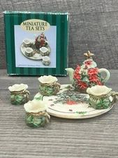 Vintage Miniature Christmas Tea Set Resin Tree Holly Mini 1995 C&F Enterprises