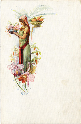 PC ARTIST SIGNED, LYON, LADY WITH FLOWERS AND FRUITS, Vintage Postcard (b50838)