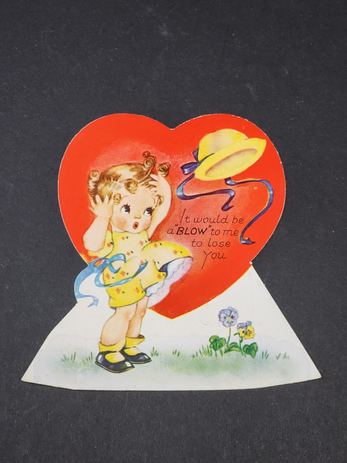 Vintage Girl Windy Day Loses Her Hat Flowers Weather 1940s Valentine Card