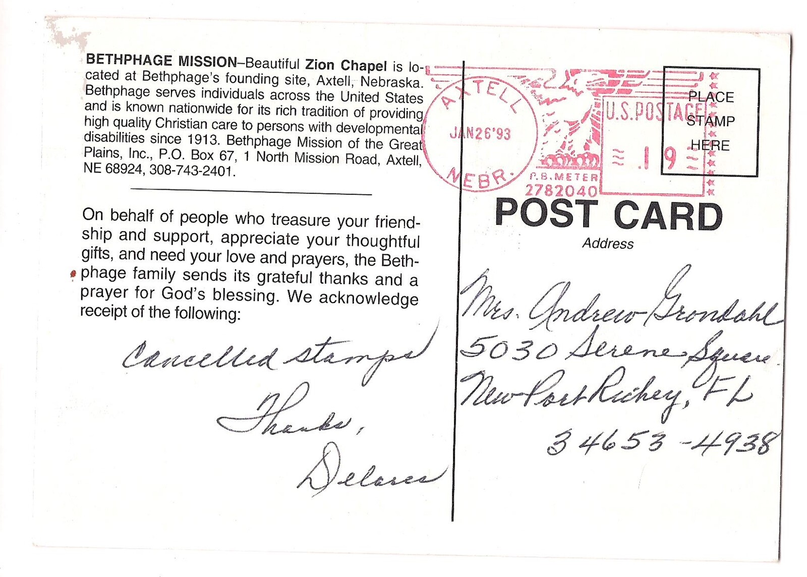 BETHPHAGE MISSION ZION CHAPEL Christian Care Axtell Nebraska Postcard