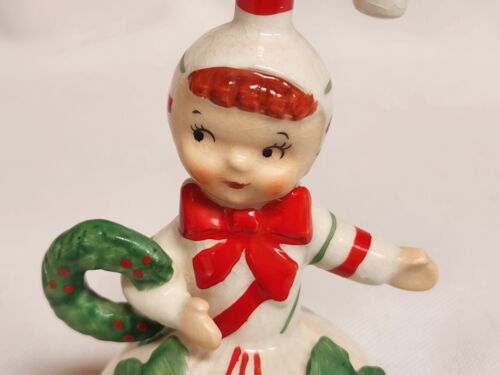 Vintage Rare Lefton Candycane Kids Ceramic Bell Girl With Wreath 90401 Christmas - Picture 2 of 8