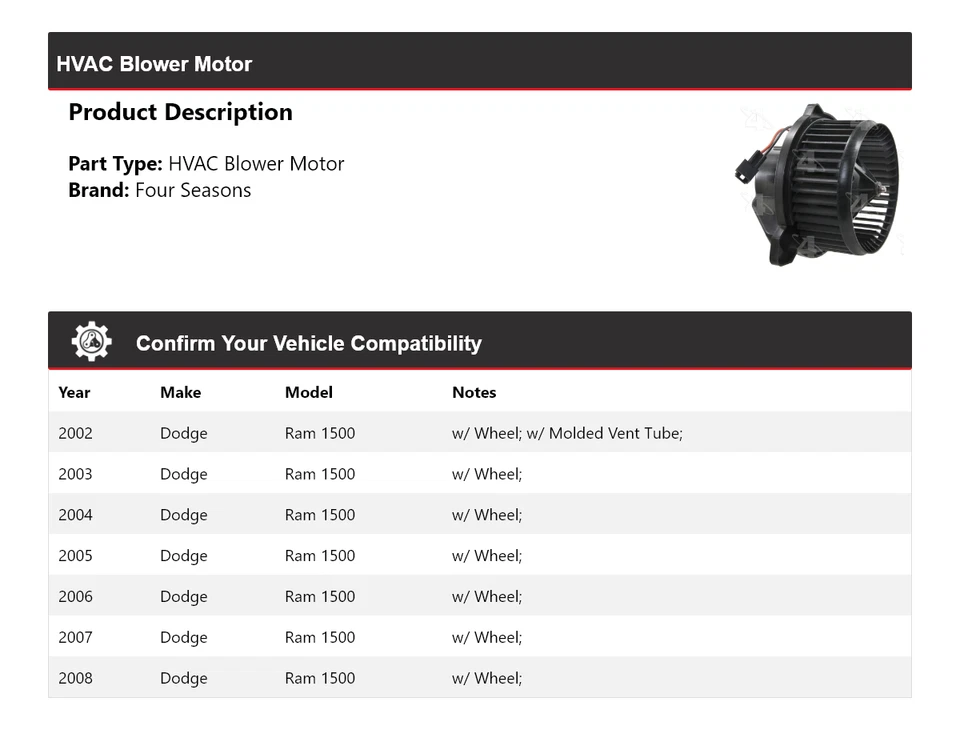 For 2002-2008 Dodge Ram 1500 HVAC Blower Motor 4 Seasons 2003 2004 2005 2006 - Image 2 of 4