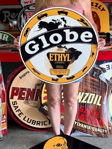Vintage Old Style Sign Globe Gasoline NOT Porcelain Made in USA 24x24