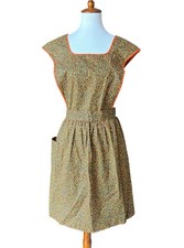 Vtg Floral Cotton Full Bib Apron Orange Brown...