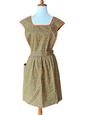 Vtg Floral Cotton Full Bib Apron Orange Brown Homestead Cottagecore Kitchen