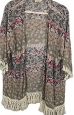 LOVE Crochet Fringe Open Front COVERUP KIMONO Floral Multi Pattern XL Cotton Ble