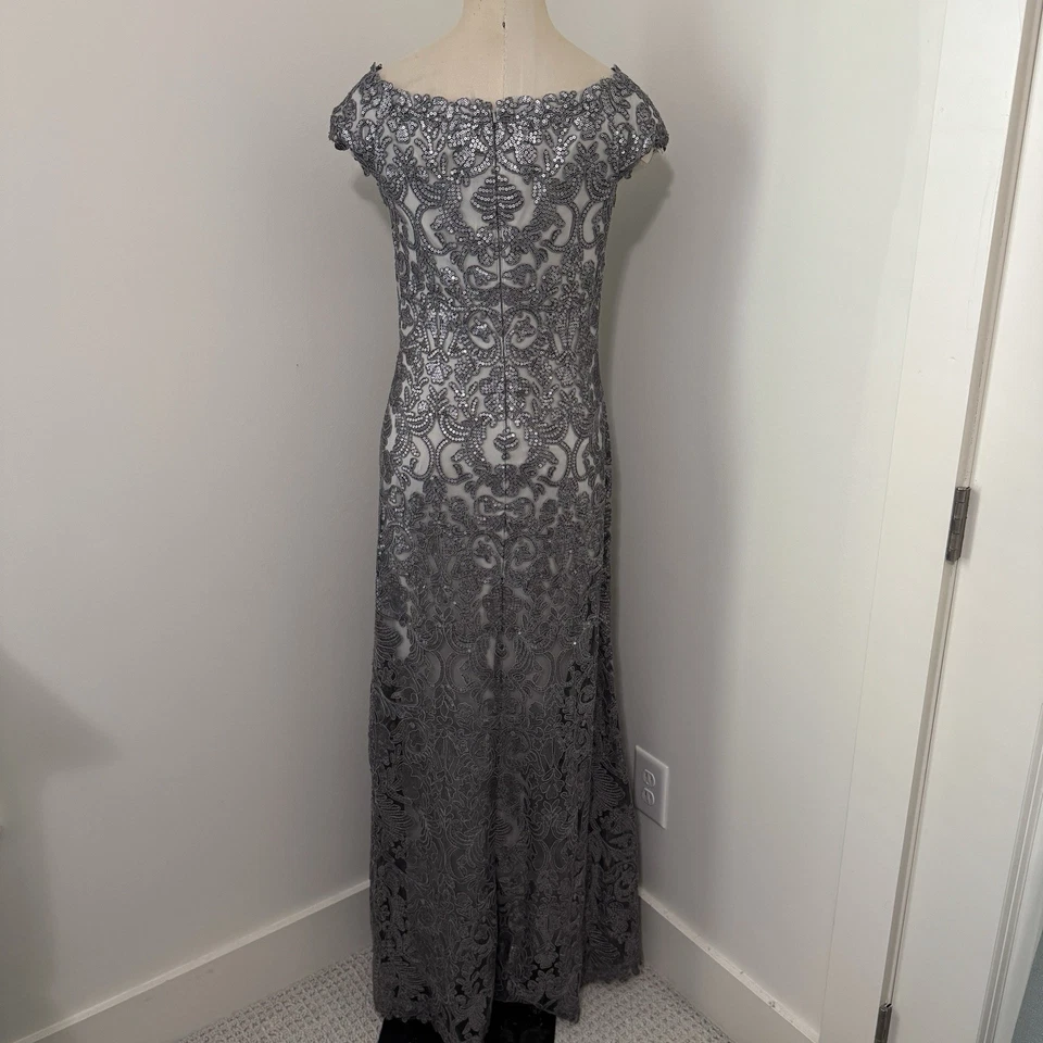 Vestido formal feminino TADASHI SHOJI 4 prata odette fora do ombro lantejoulas malha coluna - Imagem 3 de 4