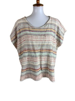 Dylan Multicolor Striped Frayed Gauze Linen Blend Boho Boxy Top Medium
