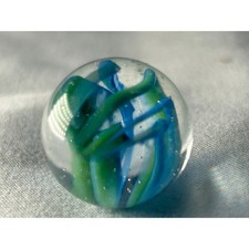 Blue Green Ribbon Art Glass Marble Handmade Style Swirl 0.7 Inch