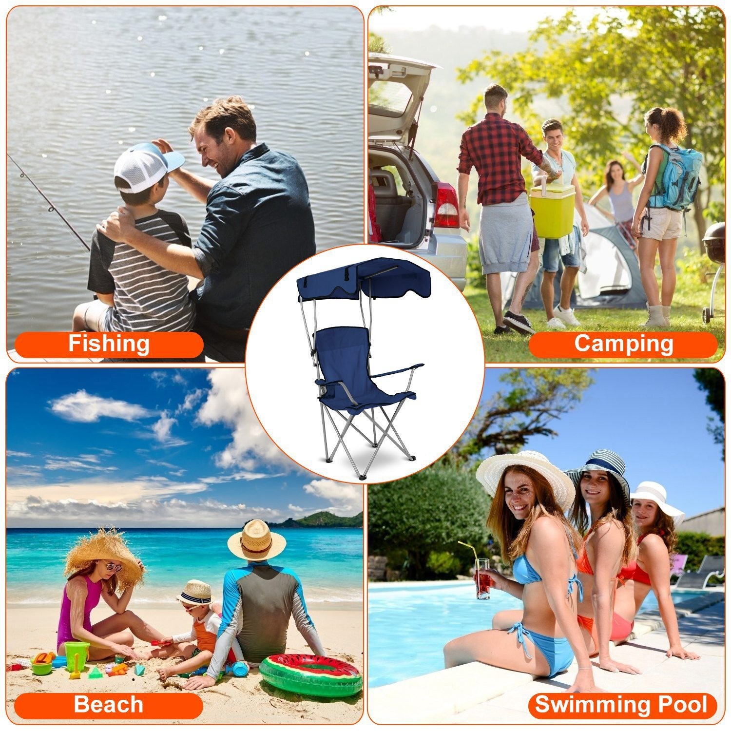Folding Camping Chair Sun Protection Canopy Outdoor Beach Chair with Cup Holder