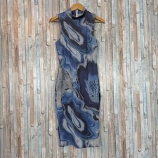 C/meo Collective Blue Agate Marble Print High Neck Midi Dress Bodycon Pencil M