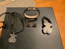 4 TOUS Plata de Ley OSO - Pulsera, Collar, Banda para el Cabello y Pendientes de Cuero