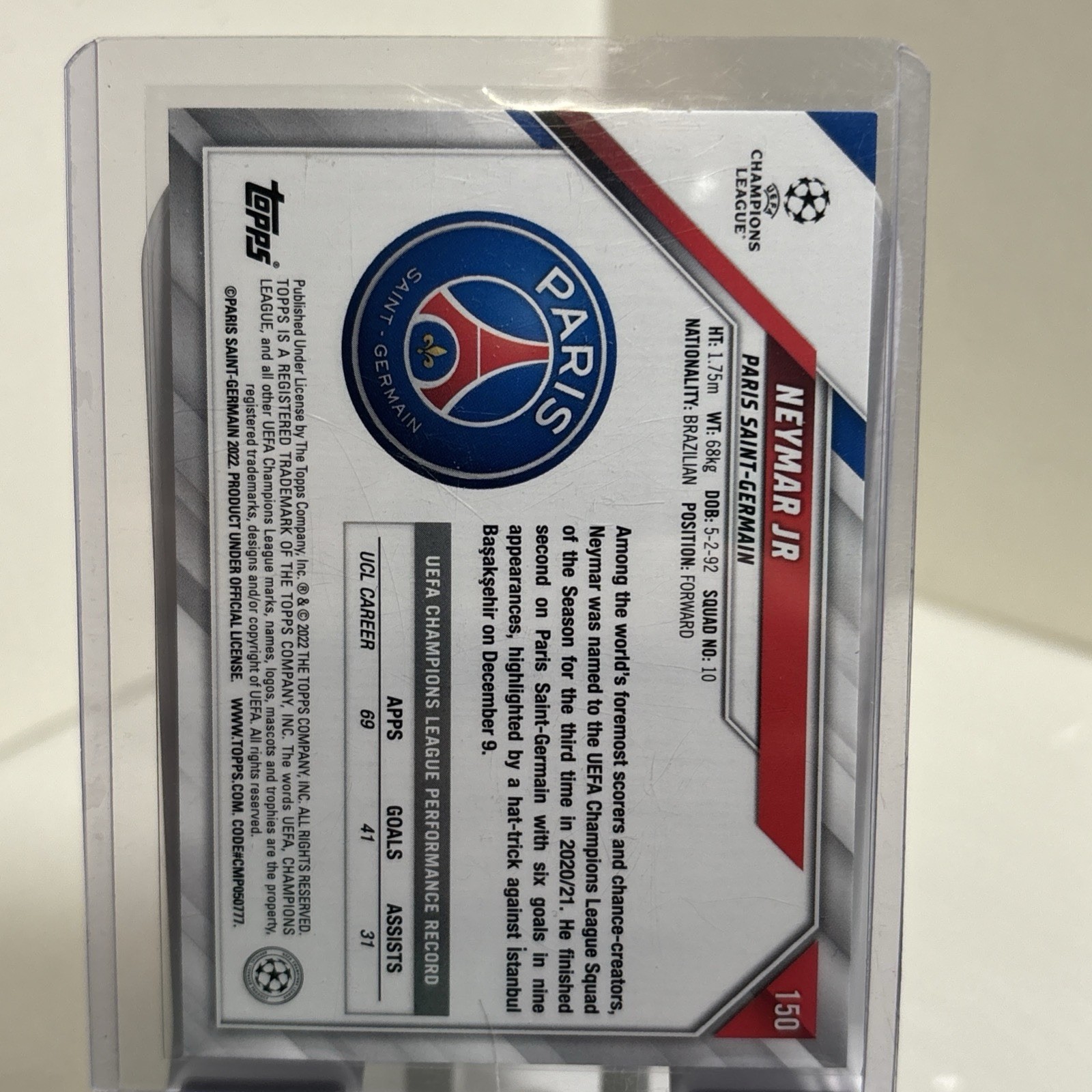 2021-22 Topps UCL Collection Neymar Jr #150 Sparkle Foil Brazil Brasil PSG Paris view 3