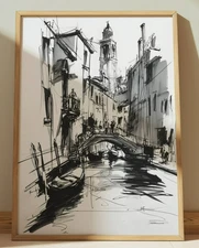 VENICE CANALS ITALY INK DRAWING PRINT SKETCH 8" x 10" VENICE CANALS ITALY