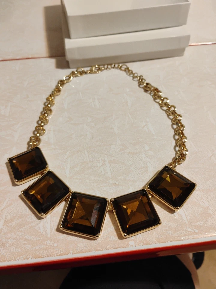 Grueso Banana Republic Tono Dorado Grande Ámbar Cuadrado Vidrio Declaración Collar Foto 2 de 4