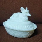 VTG Westmoreland glass Fox Nest Basket Covered candy Dish Milk Glass Amber eyes