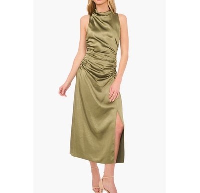 Parker The Ayla Ruched Satin Midi Dress in Chive Green Size 6