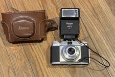 Ansco Memar 35mm Film Camera 45mm f/3.5 Lens Case  Vivitar SMS 20 Flash TESTED