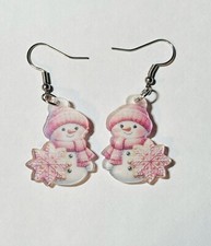 Adorable Christmas, Snowman Earrings In Pink.