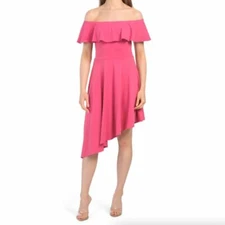 NEW Susana Monaco Asymmetrical Dress Small Pink Tulip Off The Shoulder Ruffle 