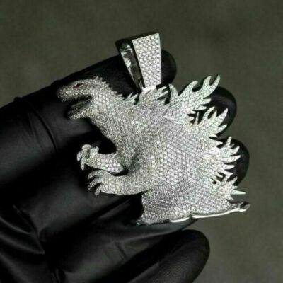 Round Lab-Created Diamond Men' Godzilla King Of The Monster Pendant White Plated