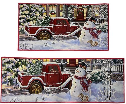 Christmas Kitchen Mats for Floor 2 Pcs, Merry Christmas and Happy New White