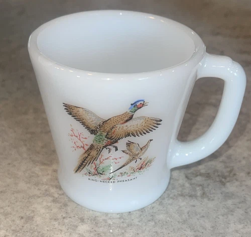 VTG Fire King Ring Neck Pheasant Game Bird Coffee Cup Mug D-Handle Milk Glass