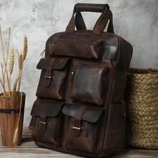 17 In Buffalo Leather Backpack Shoulder Bag Mens Office Laptop Rucksack Handbags