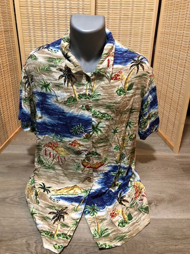 Carole Little Hawaiian Button Up Aloha Shirt 100% Rayon Size 16 Palm Trees Ocean