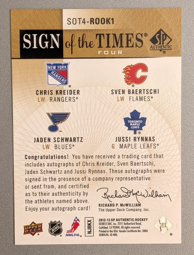 2012-13 Upper Deck SP Authentic SOT4-ROOK1 Sign of the Times 4 Four Rookie 02/10 - Picture 2 of 2