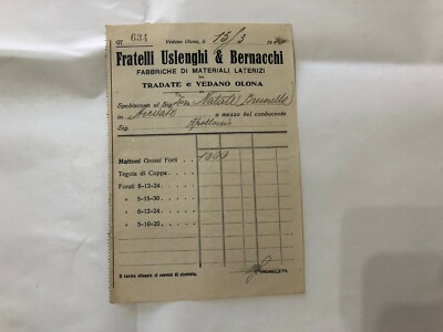 RECEIPT BROTHERS USLENGHI AND BERNACCHI BUILDING MATERIAL TRADATE SEE OLONA.
