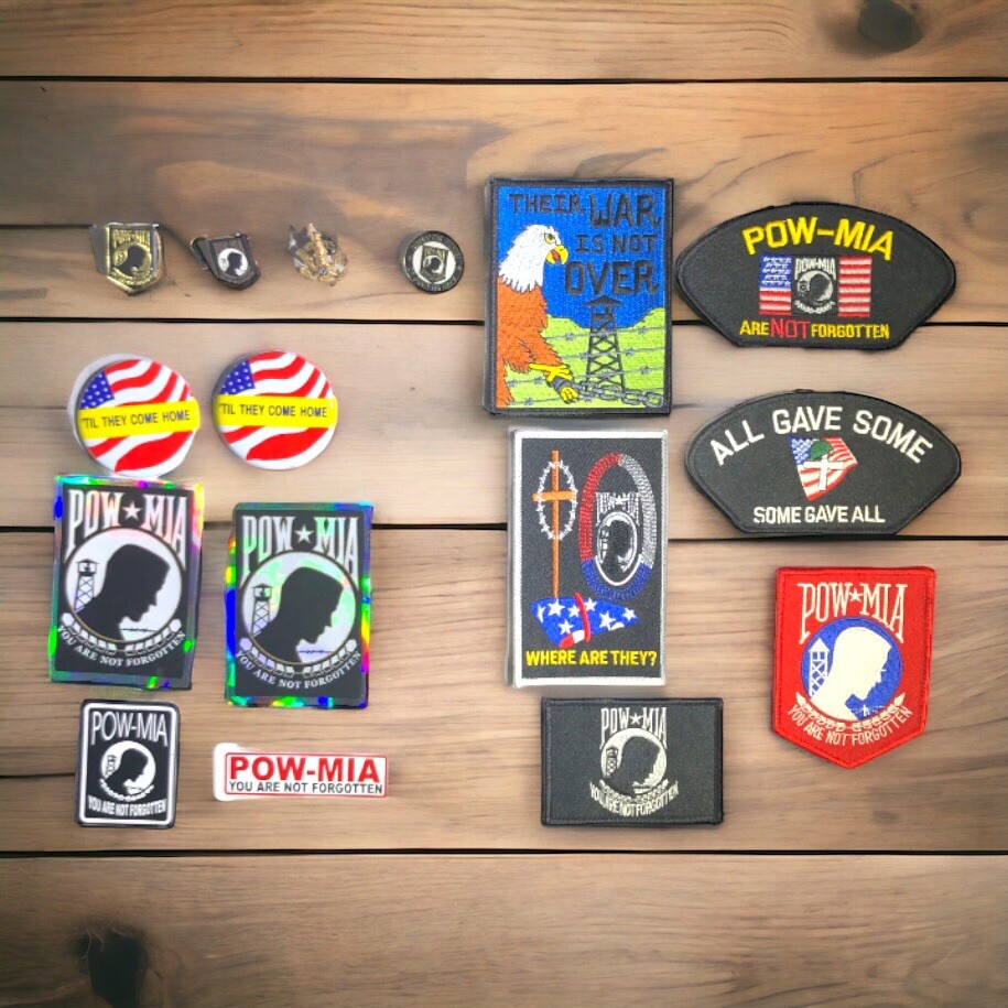 Lot of 16 Vintage POW MIA Items Rare Pins Patches Buttons Stickers Veterans Army