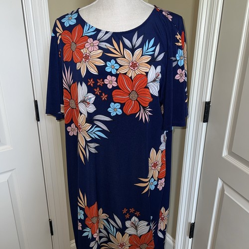 Alexander + Oak Women's Dress Blue With Bright Flowers Size XXL Short Sleeve - Picture 2 of 9