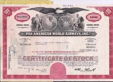 Stock certificate Pan American World Airways, Inc 100 Shares Pan AM 1960s -1970s