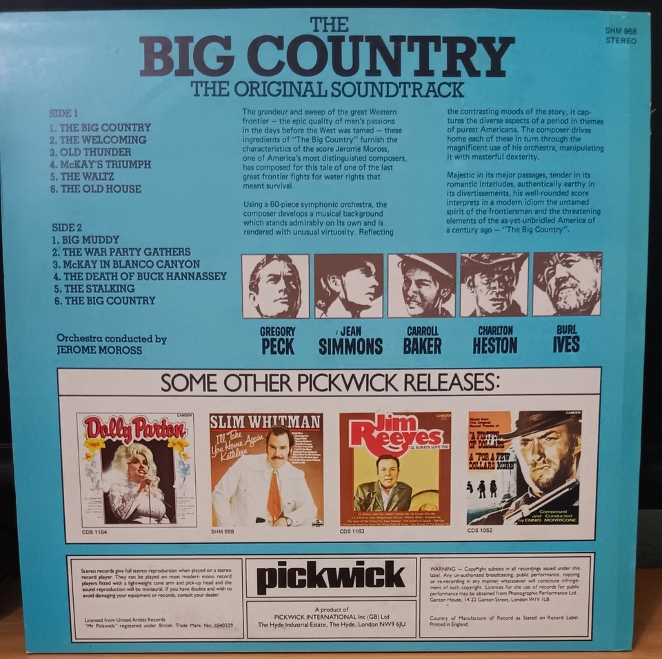 Jerome Moross – The Big Country soundtrack - 1978 LP Record excellent, cover VG+ - Image 2 of 3