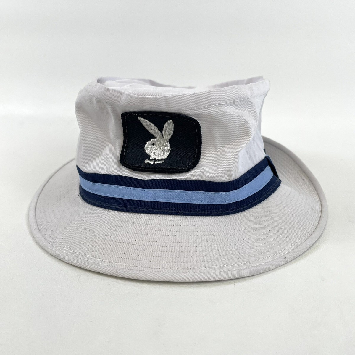 🔥VTG 80s Playboy Bucket Hat White Bunny Logo Korea Stripe