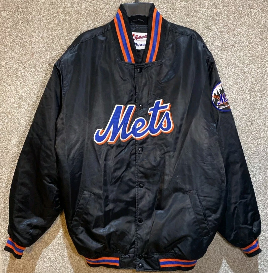 Majestic Authentic MLB Mens New York Mets Black Satin Snap Bomber Jacket Size XL