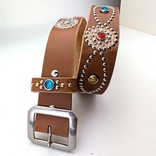 Handmade Brown Leather Studded Belt Bikers Vtg Western Style Men s Japan Made