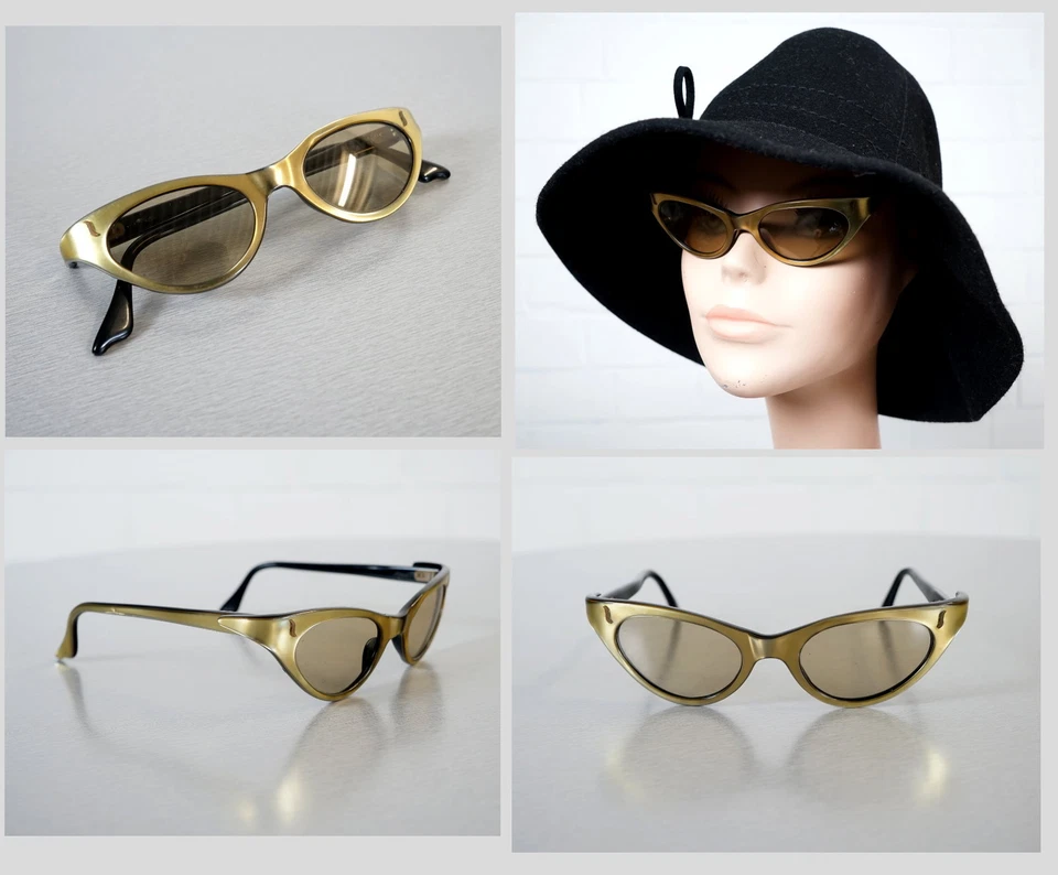 Lunettes de soleil monture élégante France or noir Cat Eye époque rockabilly ... - Photo 1/4