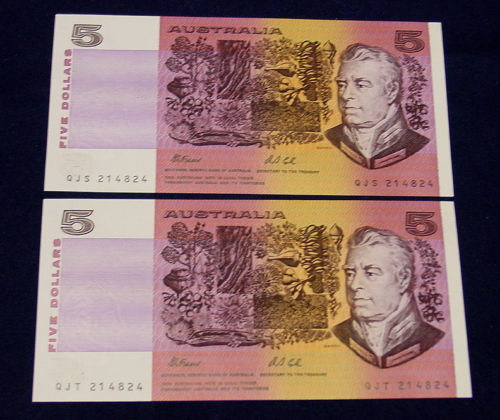 1991AUSTRALI $5 Fraser/Cole TWIN CONS PAIR Same serial Numbers Same Prefix 4note - Bild 7 von 9
