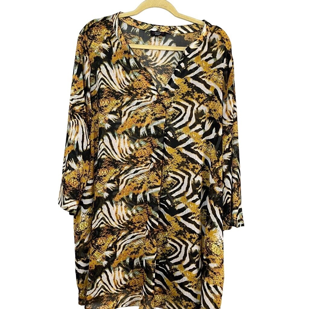 Cocomo Top Women 2X Yellow V Neck Pullover Black Animal Print Sheer Tunic Plus
