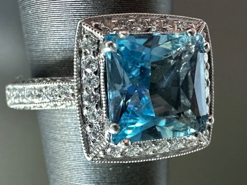 Designer SIMON G ~ 18K White Gold .88 TCW Diamond & 8MM Aquamarine Ring NEW $7K - Picture 16 of 24