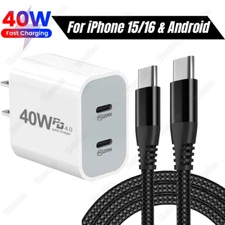 Dual USB C 40W Power Adapter Type C Fast Charger Cable For iPhone 16 15 Android
